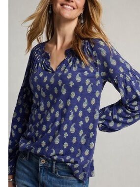J. Jill Paisley Print Long-Sleeve V-Neck Top in Navy